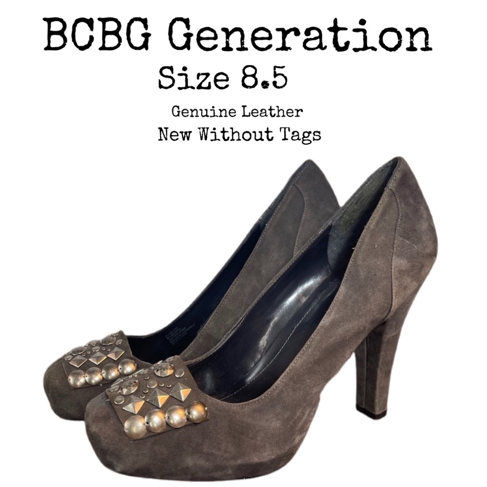 NEW Size 8.5 BCBG Galena Grey Suede Leather Pump Heels with Gunmetal Studs